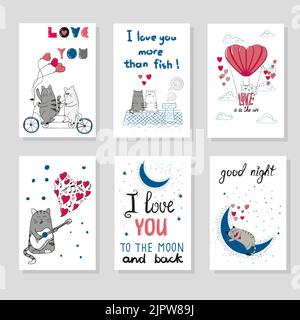 Chats adorables. Jeu de modèles de cartes romantiques pour le design. Dessins animés à la main chats. Motif Saint-Valentin Illustration de Vecteur