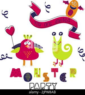 Motif carte d'anniversaire. Invitation à la fête des monstres. Illustration vectorielle avec des monstres de dessin animé mignons Illustration de Vecteur