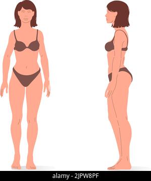 Jeune femme caucasienne, tout le corps d'une femme, vues de face et de côté. Illustration vectorielle isométrique d'une personne debout immobile et d'une personne marchant. Illustration de Vecteur