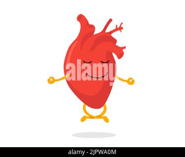 Mignon dessin animé sain coeur humain caractère détente méditer. Drôle de cardiologie circulatoire mascotte méditation d'organe dans lotus yoga pose. Gardez calme et relax concept vecteur eps illustration Illustration de Vecteur