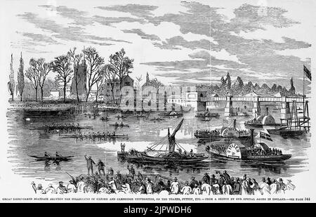 Grande course en bateau à huit oosées entre les collégiats des universités d'Oxford et de Cambridge, sur la Tamise, Putney, Angleterre (1860). Illustration du 19th siècle du journal illustré de Frank Leslie Banque D'Images