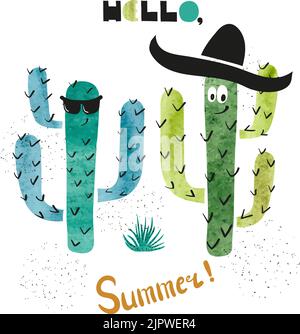 Illustration de vecteur cactus aquarelle mignonne. Motif invitation pour la fête d'été. Bonjour été - lettrage Illustration de Vecteur