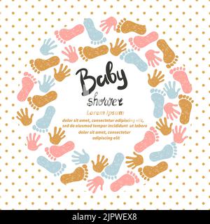 Motif carte d'invitation pour douche de bébé. Modèle vectoriel avec jolis imprimés pour les mains et les pieds Illustration de Vecteur