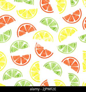 Motif aquarelle sans coutures agrumes. Fond vectoriel avec des tranches d'agrumes colorées isolées sur du blanc. Chaux. papier peint orange et citron Illustration de Vecteur