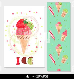 Motif flyer crème glacée à l'aquarelle. Illustration vectorielle colorée Illustration de Vecteur