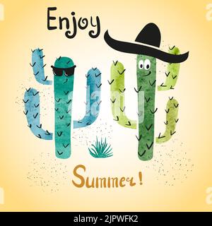 Cute watercolor cactus vector illustration. Summer party invitation design Illustration de Vecteur