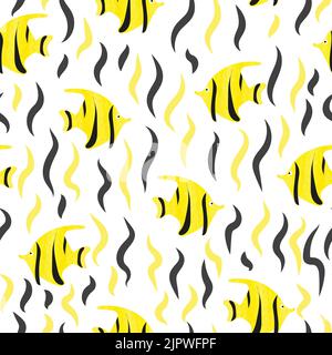 Motif jaune et noir sans couture avec poissons aquarelle. Arrière-plan vectoriel Illustration de Vecteur