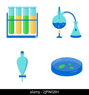 Icône de la chimie dans un style plat. Symboles de l'équipement de laboratoire chimique et de la verrerie. Illustration vectorielle. Illustration de Vecteur