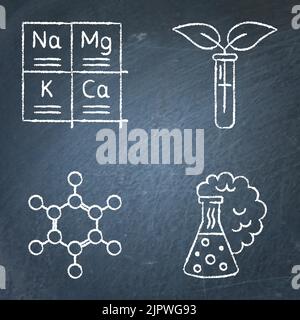 Icône de la chimie sur le tableau de surveillance. Tableau périodique des éléments, de la réaction chimique, du modèle structural des molécules et des symboles de chimie organique. Vect Illustration de Vecteur