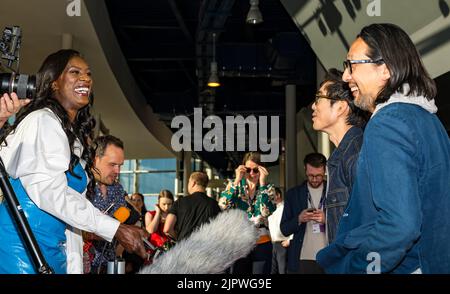 Édimbourg, Écosse, Royaume-Uni, 17th août 2022. La première en Europe du film After Yang au Festival International du film d'Édimbourg au vue Omni Cinema Red Carpet event avec l'acteur Justin H. min et le réalisateur Kogonada interviewé par Moyo Akande. Crédit : Sally Anderson/Alay Live News Banque D'Images