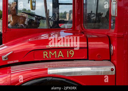 Taxi d'un bus rouge traditionnel et emblématique de Londres routmaster, icône de londres, bus historique, bus rouge d'époque routemaster à londres, RMA 19, cabine de direction. Banque D'Images