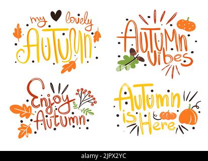 Motif lettres Hello Autumn vector dessinées à la main. Bannière de bienvenue d'automne phrase de calligraphie. Illustration de Vecteur