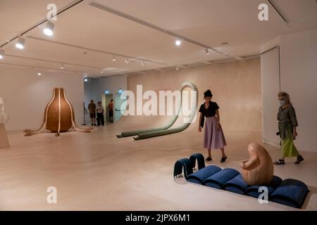 Les visiteurs voient l'installation artistique de l'artiste israélien Uri Zambir intitulée « voile élireux » dans le cadre d'une exposition de groupe « au-delà de quelque part » organisée par Sally Haftel Naveh dans le musée d'art contemporain Herzliya, dans la ville d'Herzliya, au centre d'Israël Banque D'Images
