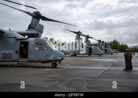 Marines des États-Unis avec le Marine Medium Tiltrotor Squadron 161, Marine Aircraft Group 16, 3rd Marine Aircraft Wing, stade MV-22B Ospreys à la base interarmées Elmendorf-Richardson, Alaska, le 16 août 2022. Le MV-22B Osprey a remplacé l'hélicoptère à levage moyen CH-46 Sea Knight, fournissant un avion à levage moyen plus rapide et plus maniable, améliorant la capacité et la capacité de la Force opérationnelle Marine Air-sol dans un environnement opérationnel en constante évolution. (É.-U. Photo du corps marin par lance Cpl. Daniel Childs) Banque D'Images