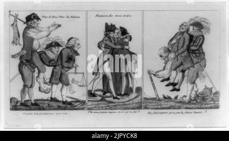 Caricature représentant les trois tables de changement dans l'état des paysans français, l'union des trois ordres (clergé, l'aristocratie, et les gens), et malheureux sort des paysans Banque D'Images