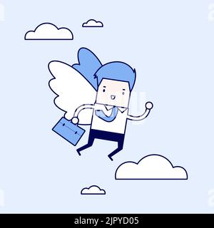 Homme d'affaires volant avec son aile. Vecteur de style ligne fine de personnage de dessin animé. Illustration de Vecteur