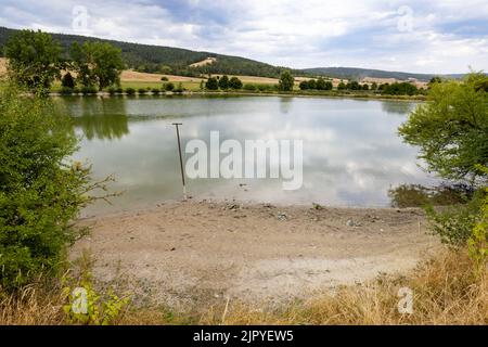 Rudolstadt, Allemagne. 17th août 2022. La chute du niveau d'eau agrandit la rive du réservoir d'Altremda. L'industrie de la pêche en Thuringe souffre des conséquences de la sécheresse. (À dpa: 'Les fermiers de bassin attendent la hausse des prix pour la carpe de Noël') Credit: Michael Reichel/dpa/Alay Live News Banque D'Images