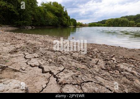 Rudolstadt, Allemagne. 17th août 2022. Des fissures traversent la rive du réservoir d'Altremda en raison de la chute du niveau d'eau. L'industrie de la pêche en Thuringe souffre des conséquences de la sécheresse. (À dpa: 'Les fermiers de bassin attendent la hausse des prix pour la carpe de Noël') Credit: Michael Reichel/dpa/Alay Live News Banque D'Images