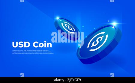 Bannière pièce USD ou pièce USDC. USD coin numérique stablecoin avec fond de bannière crypto-monnaie concept. Illustration de Vecteur