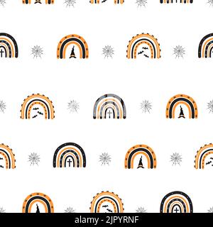 Motif Halloween sans coutures avec arcs-en-ciel effrayants. Arrière-plan mignon dessiné à la main pour une nuit effrayante. Illustration vectorielle de style dessin animé plat. Parfait pour Illustration de Vecteur