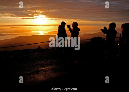 Touristes regardant le lever du soleil depuis le sommet de kunanyi/Mt Wellington à Hobart, Tasmanie (altitude 1271 mètres au-dessus du niveau de la mer) Banque D'Images