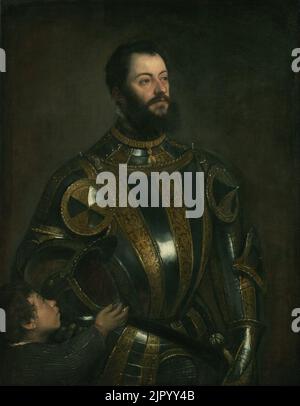 Titien (Tiziano Vecellio) (Italien) - Portrait d'Alfonso d'Avalos, marquis de Vasto, en Armure avec une page Banque D'Images