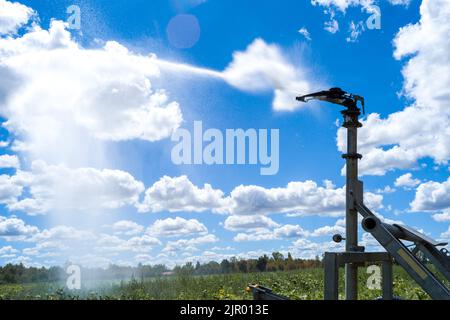 Irrigation d'un champ de tournesol dans la commune de Negrepelisse en 82. France, Tarn-et-Garonne, sur 17 août 2022. La France est confrontée à ce que le gouvernement a averti de sa pire sécheresse jamais enregistrée. Certains agriculteurs français ont commencé à observer une baisse de production, notamment pour le soja, le tournesol et le maïs. Les restrictions en vigueur en matière d'eau vont de l'interdiction d'irrigation de jour à la limitation de l'utilisation de l'eau aux personnes, au bétail et au maintien en vie des espèces aquatiques. Photo de Patricia Huchot-Boissier/ABACAPRESS.COM Banque D'Images