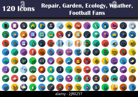 120 icônes de réparation, jardin, écologie, météo, fans de football. Conception plate avec ombre longue. Illustration vectorielle. Illustration de Vecteur