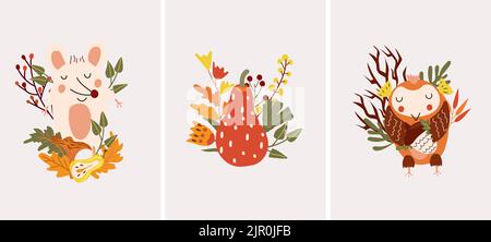 Jolie composition automnale avec souris mignonne, chouette et citrouille, feuilles, champignons. Parfait pour le Web, le festival de la moisson, la bannière, la carte et Thanksgiving. Illustration vectorielle. Illustration de Vecteur
