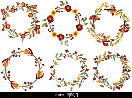 Jolies couronnes d'automne à fleurs colorées, berryes, feuilles. Composition pour vos cartes de vœux, poster, carte postale.Illustration vectorielle Illustration de Vecteur