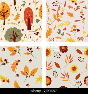 Motif d'automne sans couture avec éléments automne, arbres colorés, feuilles d'automne, glands. Motif minimaliste sans coutures. Illustration vectorielle. Illustration de Vecteur
