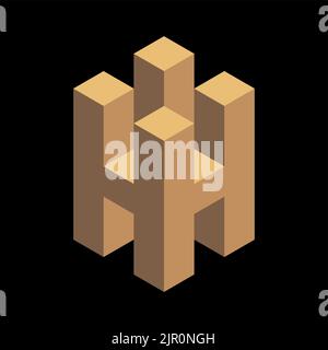 Rendu en 3D d'un logo en H isométrique doré isolé sur un arrière-plan sombre Illustration de Vecteur