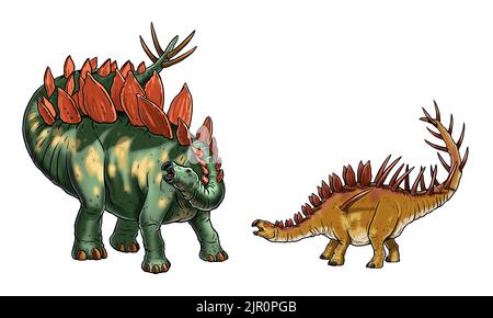 Dinosaures herbivores - Stegosaurus et Kentrosaurus. Dessin numérique Dino. Banque D'Images