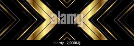 Arrière-plan abstrait de luxe noir et or large avec flèches et angles. Arrière-plan élégant et luxueux avec 3D flèches dorées en triangle géométrique. Vecteur Illustration de Vecteur