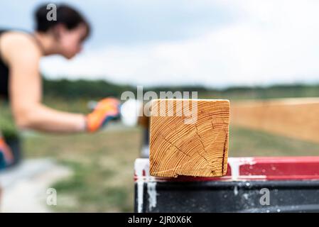 La femme imprègne des poutres de pin en bois rabotées avec des dimensions de 100x100mm avec une imprégnation incolore. Banque D'Images