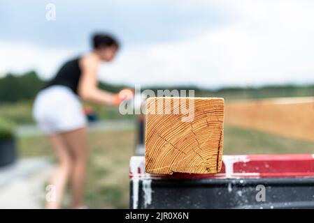 La femme imprègne des poutres de pin en bois rabotées avec des dimensions de 100x100mm avec une imprégnation incolore. Banque D'Images