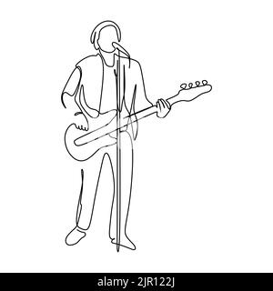 Dessin continu d'une seule ligne d'un chanteur de sexe masculin chantant une chanson et jouant de la guitare. Illustration vectorielle du concept de performance d'artiste musicien Illustration de Vecteur