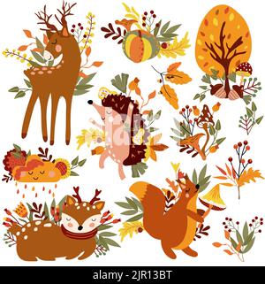 Ensemble d'automne, animaux de wodland mignons et éléments automne, écureuil migneux, un hérisson dansant, nuage drôle, arbres colorés, feuilles d'automne, champignons.parfait pour la toile, Fête de la moisson, bannière et action de grâce Illustration de Vecteur