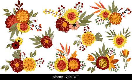 Définissez la composition des fleurs d'automne avec des feuilles colorées et des baies rouges. Illustration florale. Parfait pour le Web, la bannière, la carte et Thanksgiving. Illustration vectorielle. Illustration de Vecteur