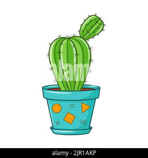 Vecteur cactus de dessin animé dans pot. Plante succulente intérieure avec des épines. Cactus pour la maison et l'intérieur. Illustration d'un jardin botanique coloré isolée sur la merde Illustration de Vecteur