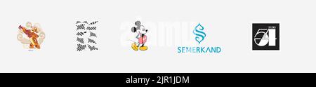 Ensemble de logos pour les arts et le design : logo du Tigger de Disney, logo des drapeaux de la veste, logo Semerkand, logo Studio 54, logo de la souris mickey, arts et design Illustration de Vecteur
