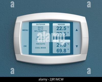 Thermostat moderne sur mur bleu, vue de face Banque D'Images