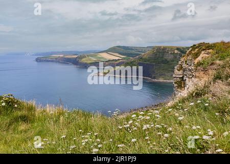 La superbe côte jurassique de Dorset, prise depuis le sommet de la colline d'Emmetts, est orientée vers l'ouest en direction de Weymouth Banque D'Images