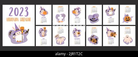 Modèle de calendrier d'Halloween 2023 mignon. Avec le symbole lapin de l'année, les fantômes, la chauve-souris et la lanterne Jack o citrouille sur fond blanc. Jeu vertical de 12 pages Illustration de Vecteur