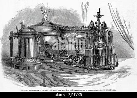 Les prix disputés par la régate du New York Yacht Club, 7 juin 1860. Fait par Tiffany and Co. Illustration du 19th siècle du journal illustré de Frank Leslie Banque D'Images