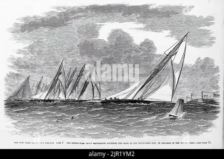 La régate du New York Yacht Club, 7 juin 1860, la deuxième classe de sloop Mannersing arrondissant la bouée à la flèche sud-ouest, en avance sur toute la flotte. Illustration du 19th siècle du journal illustré de Frank Leslie Banque D'Images