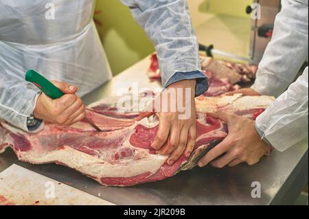 Boucher dans sa boucherie d'éliminer l'excès de gras de la viande d'un grand coupé par un couteau spécial. Les mains et les selles avec du sang sale. Banque D'Images