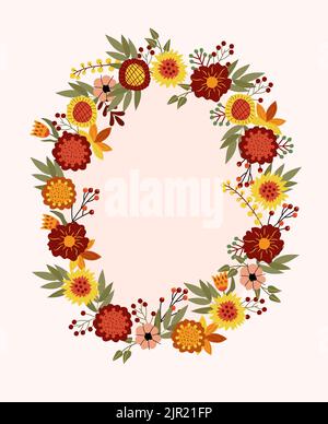 Jolie couronne d'automne avec fleurs colorées, baies, feuilles. Composition pour vos cartes de vœux, poster, carte postale et festival de la moisson ou Thanksgiving.Vector. Illustration de Vecteur