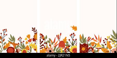 Bannière d'automne avec feuilles colorées, champignons, baies d'automne et fleurs. Composition pour vos cartes de vœux, poster, festival de la récolte ou Thanksgiving. Illustration vectorielle. Illustration de Vecteur
