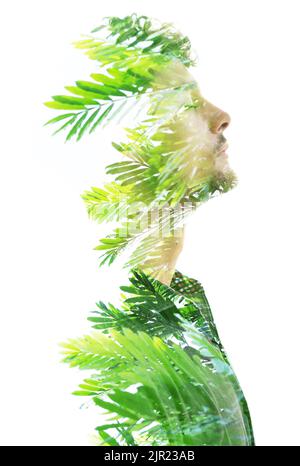 Portrait de profil d'un homme combiné à des plantes tropicales Banque D'Images